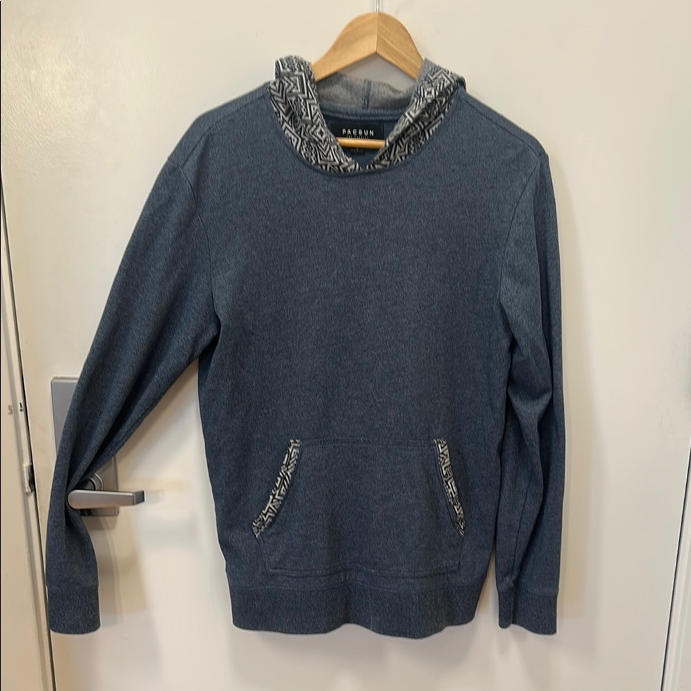 PacSun Men's Blue Hoodie with Patterned Hood